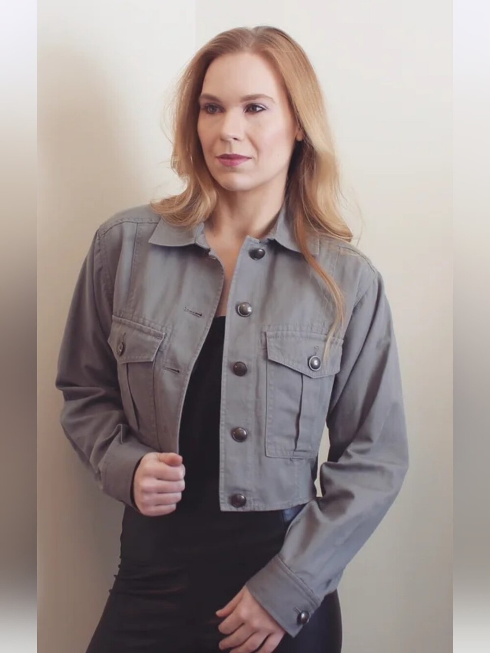 CLUB MONACO Denim, Crop, Gray, Cotton Linen Mix, Button Down, Long Sleeve Jacket